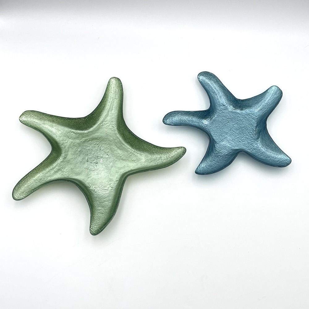 Coastal Art Glass Starfish Serving Trays Aqua Green Blue Textured Set of 2